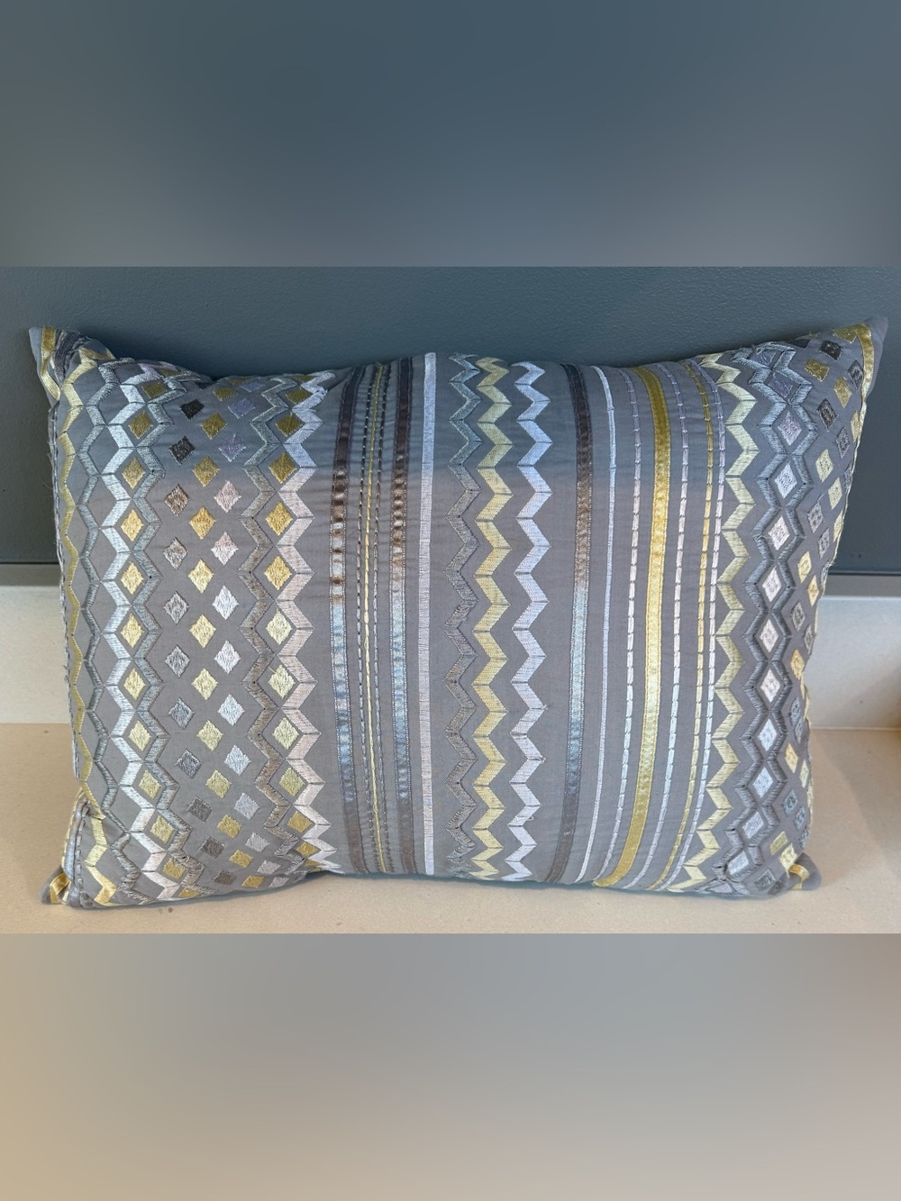 Decorative Chevron & Stripe Embroidered Throw Pillow in Soft Grays and Yellows